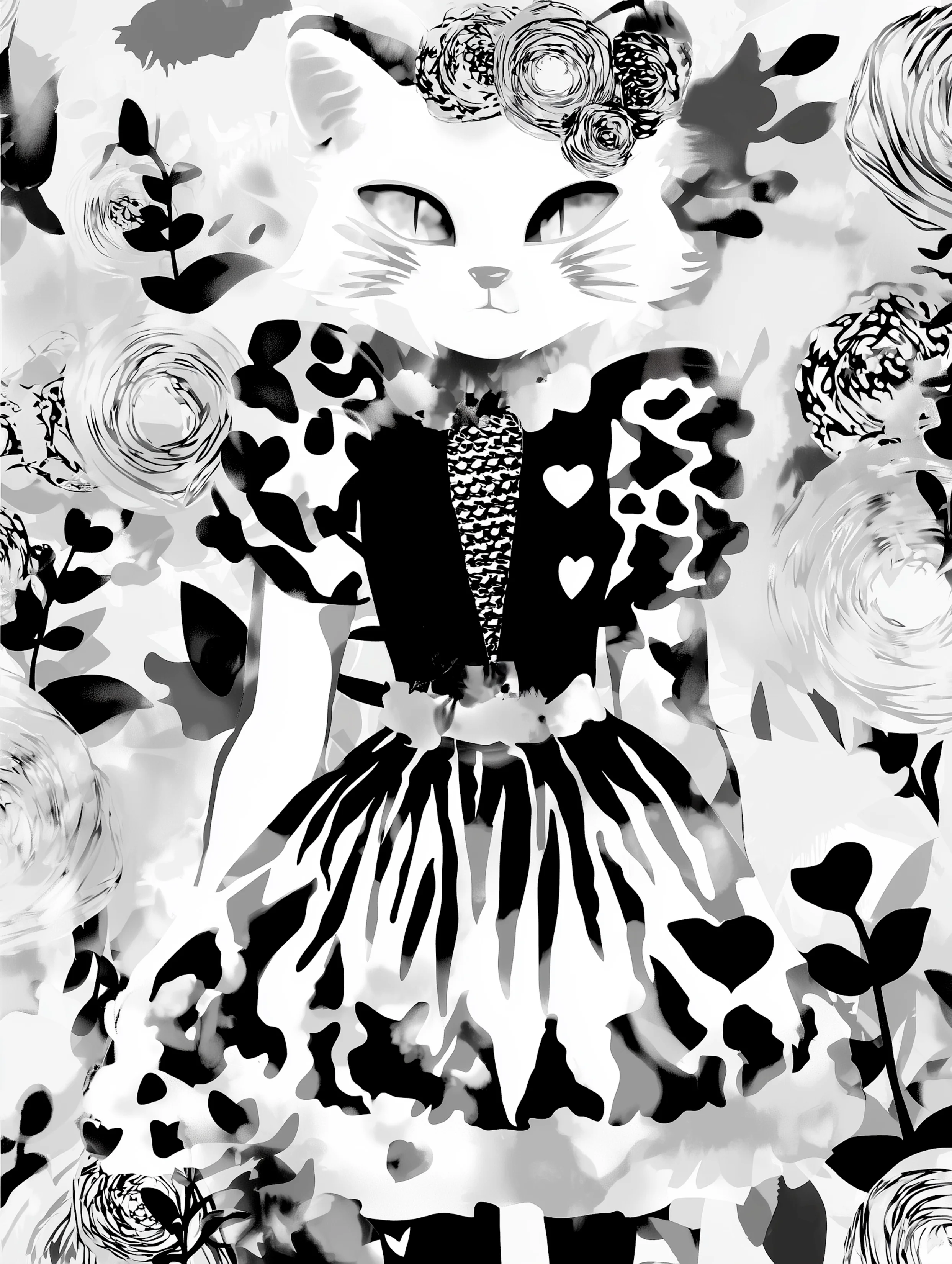 Free printable kitten coloring page featuring cat wearing a dress